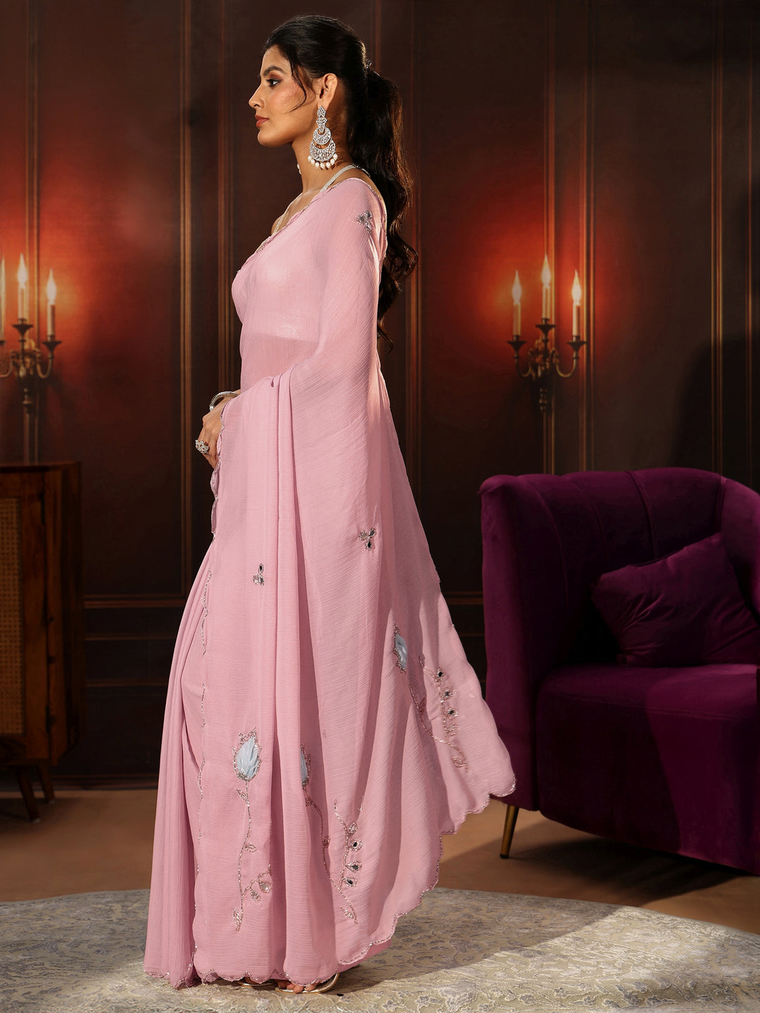  Libas Powder Pink Chiffon Saree with Floral Applique Design Pallu 