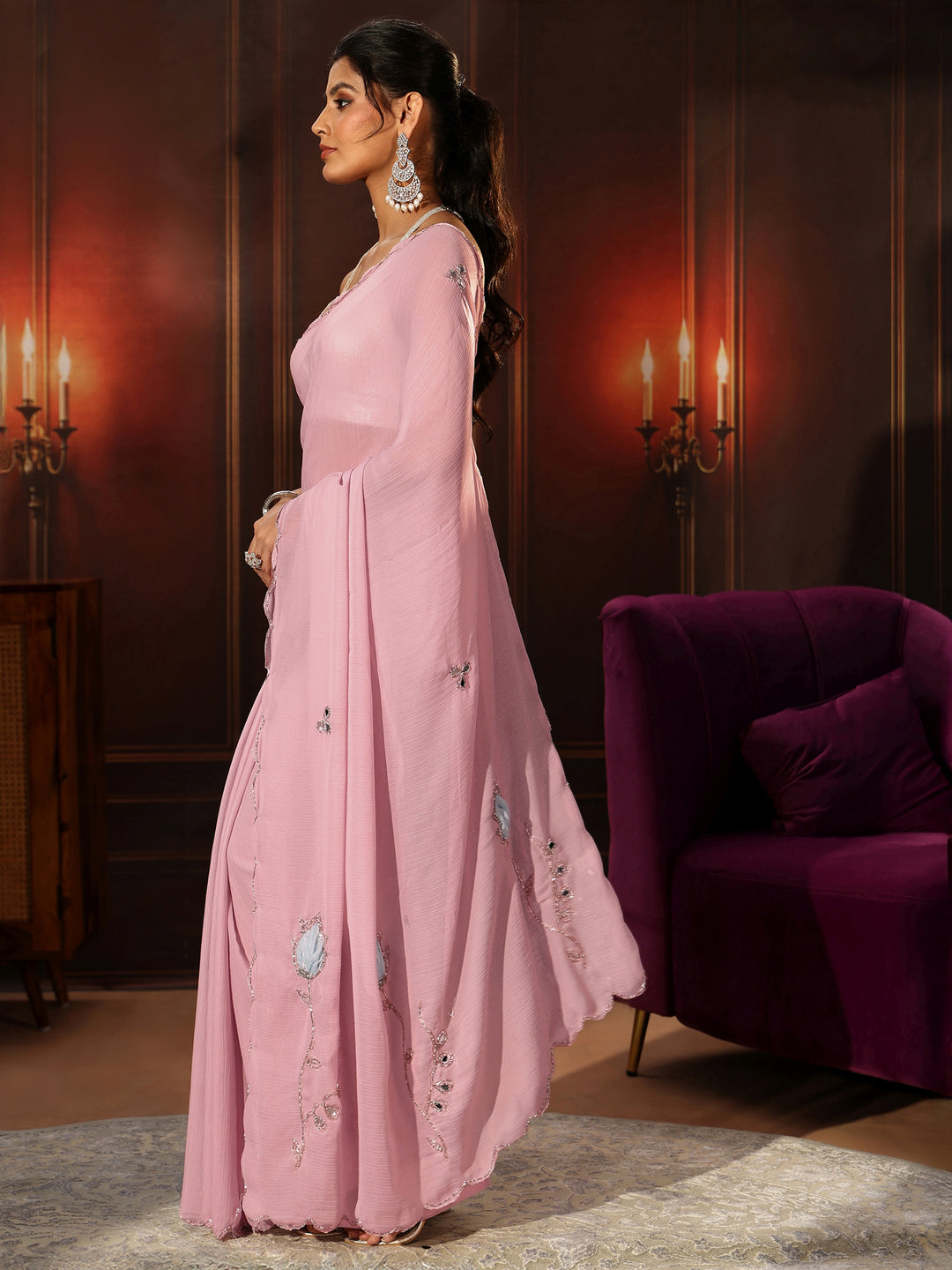 Libas Powder Pink Chiffon Saree with Floral Applique Design Pallu 