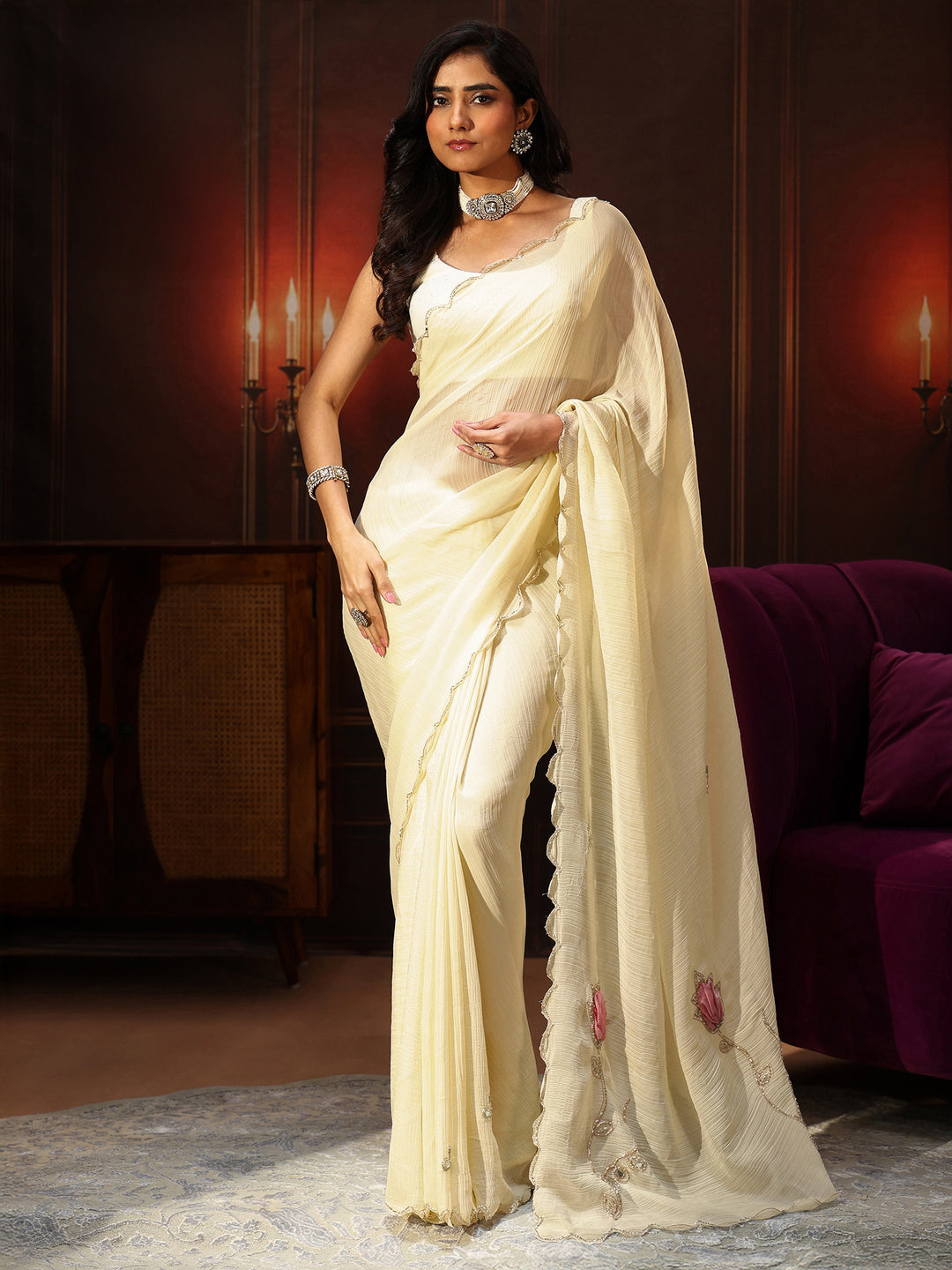  Libas Cream Chiffon Saree with Floral Applique Design Pallu 