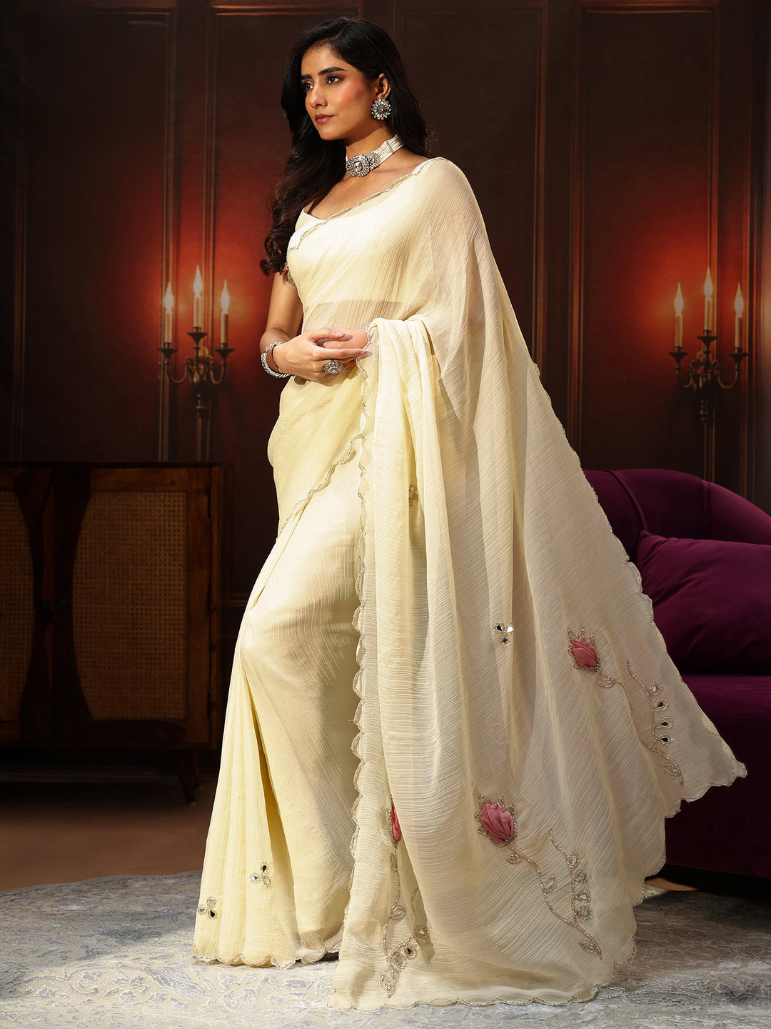  Libas Cream Chiffon Saree with Floral Applique Design Pallu 