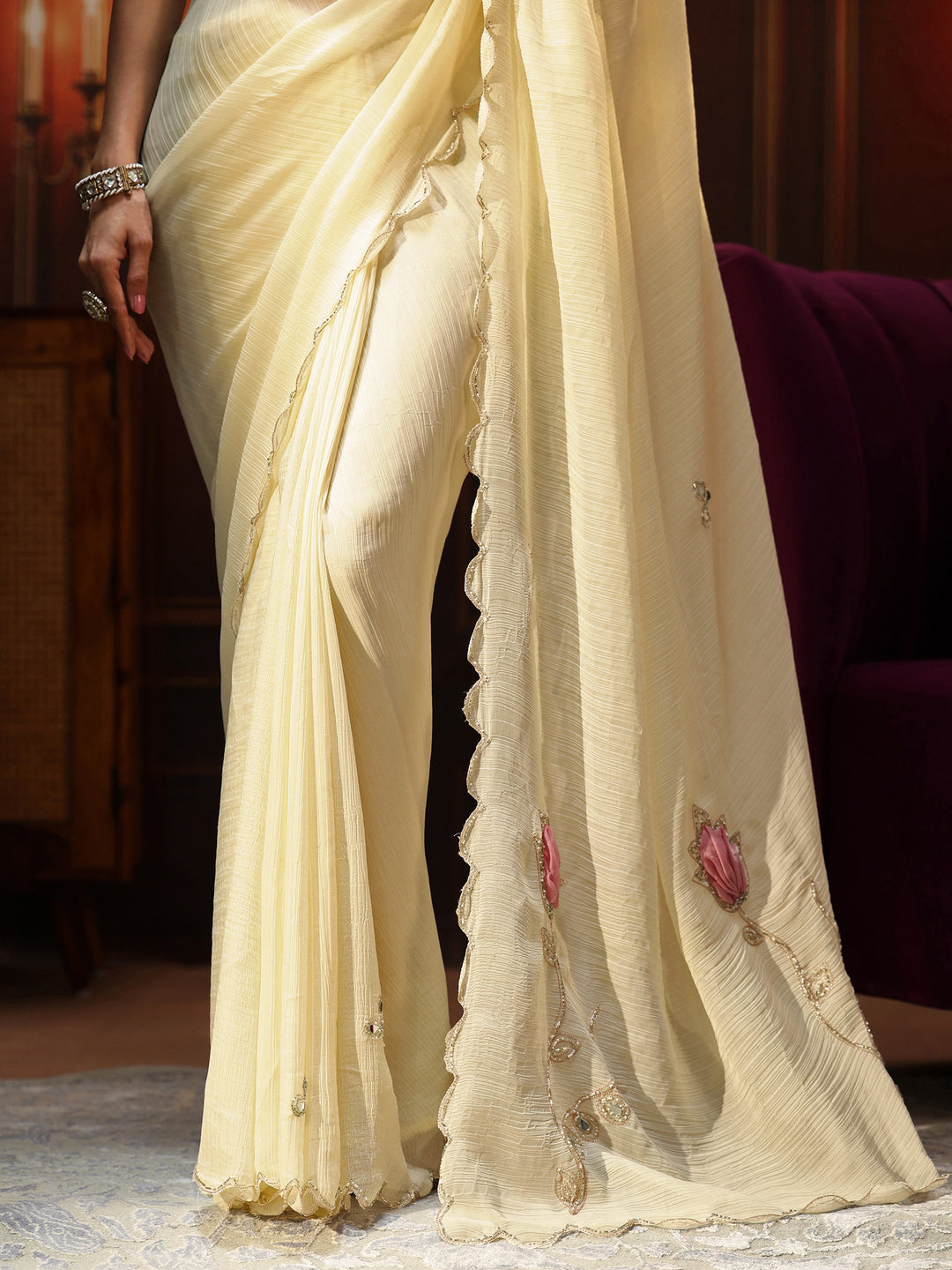  Libas Cream Chiffon Saree with Floral Applique Design Pallu 