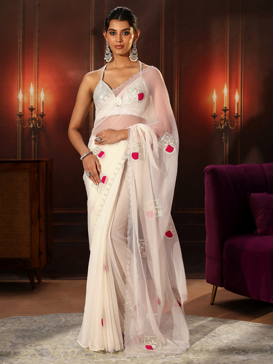  Libas Snow White Chiffon Saree with Embroidered  Motifs 