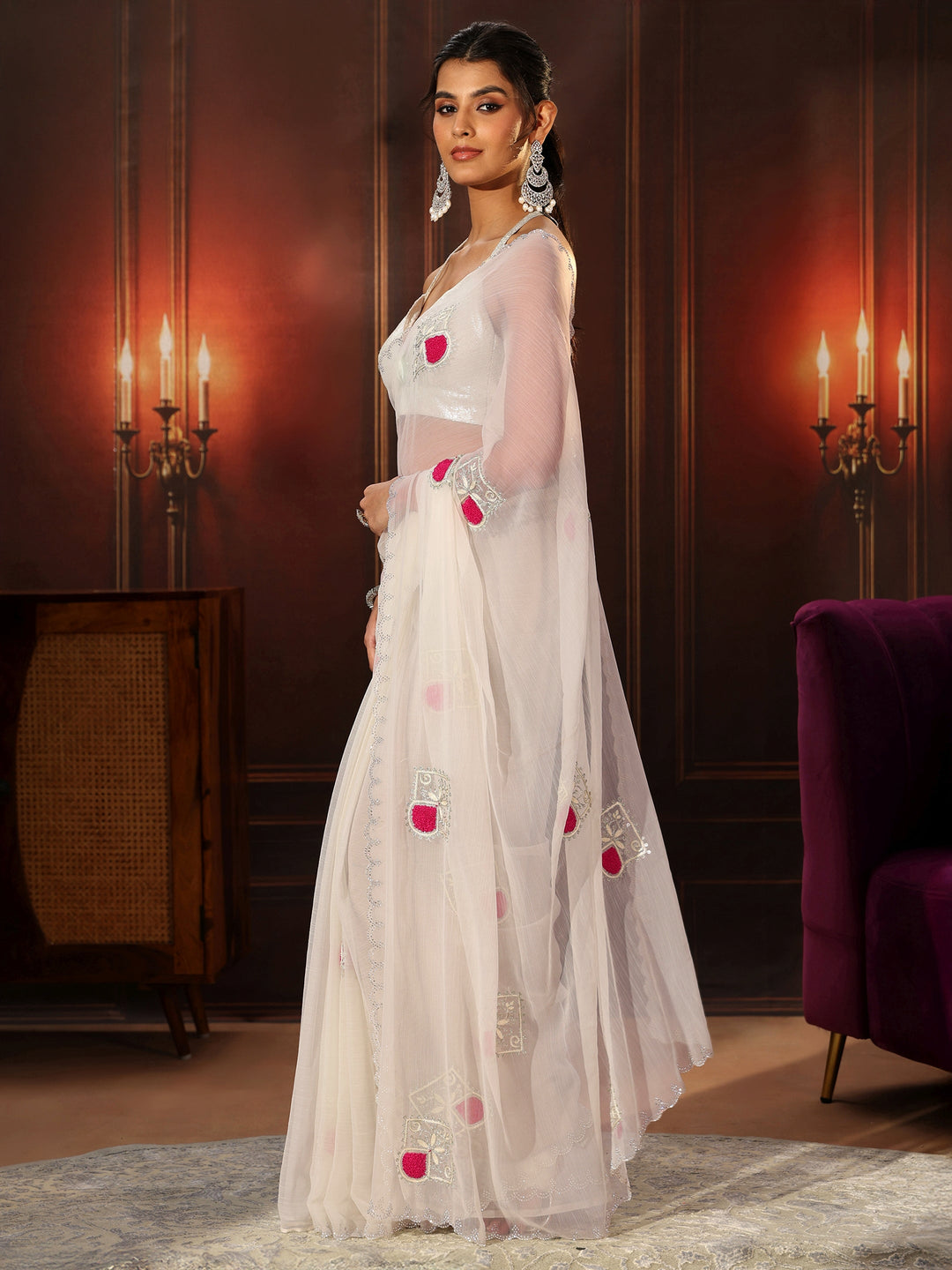  Libas Snow White Chiffon Saree with Embroidered  Motifs 