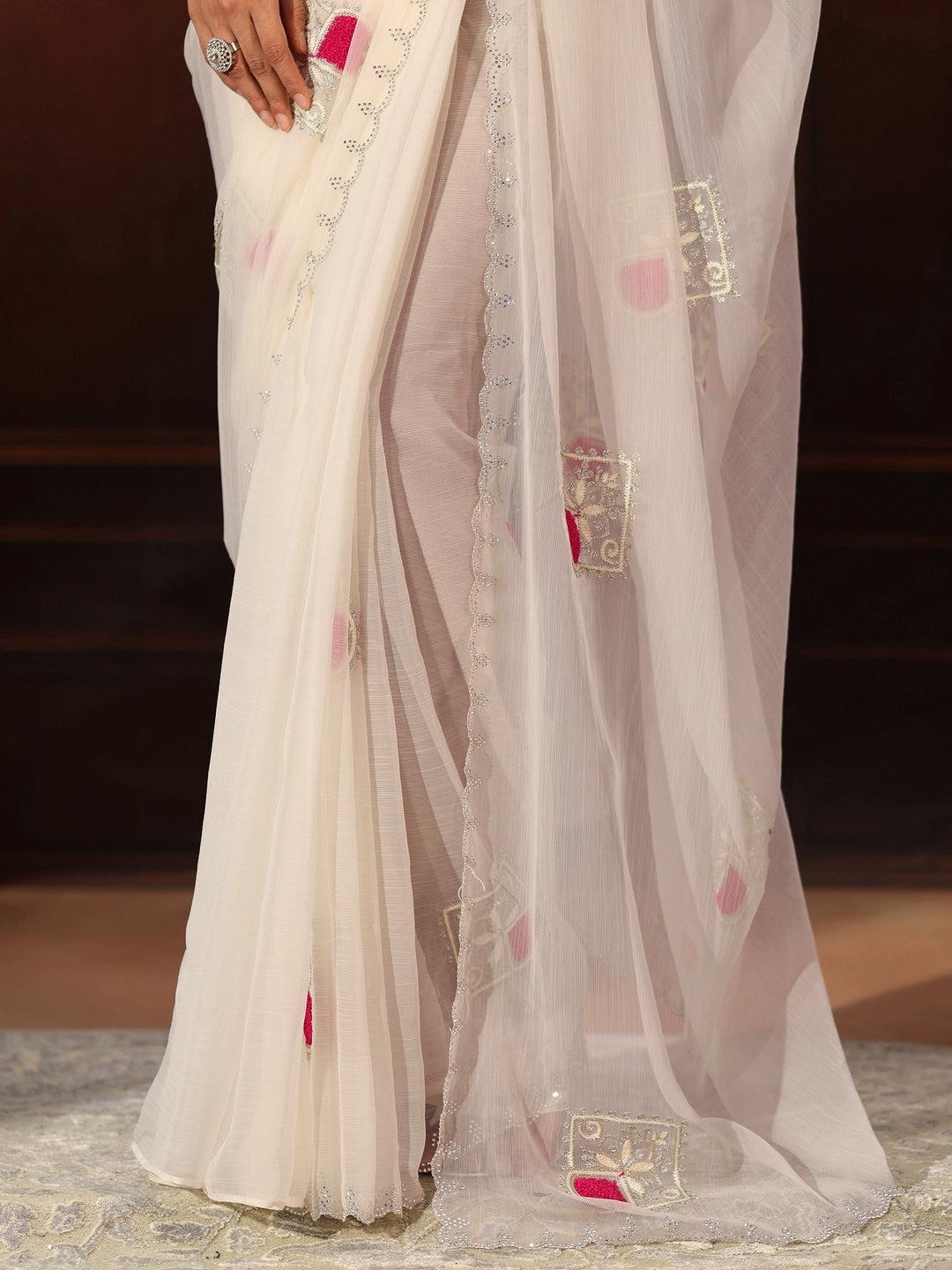  Libas Snow White Chiffon Saree with Embroidered  Motifs 