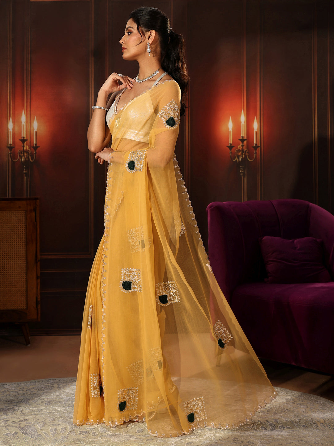  Libas Saffron Yellow Chiffon Saree with Embroidered  Motifs 