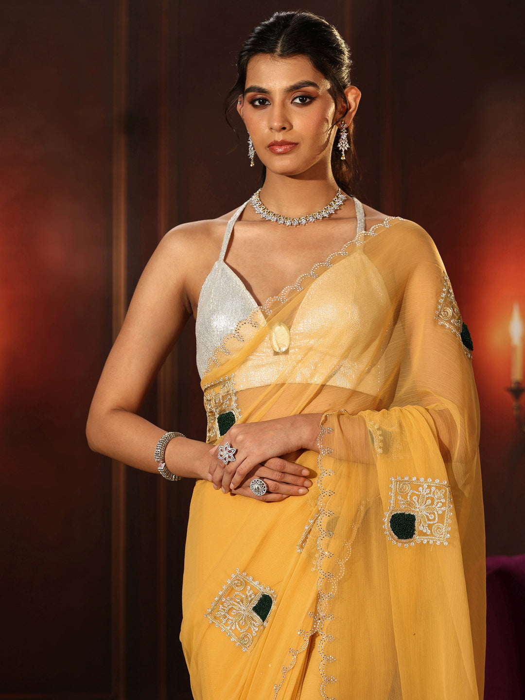  Libas Saffron Yellow Chiffon Saree with Embroidered  Motifs 
