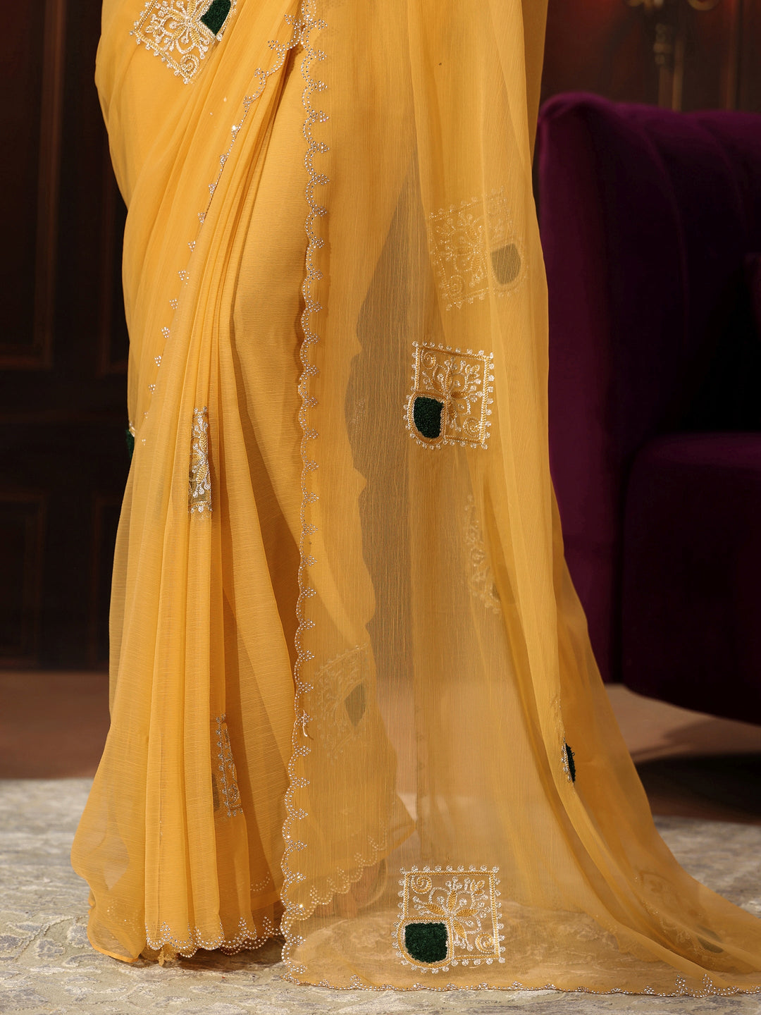  Libas Saffron Yellow Chiffon Saree with Embroidered  Motifs 