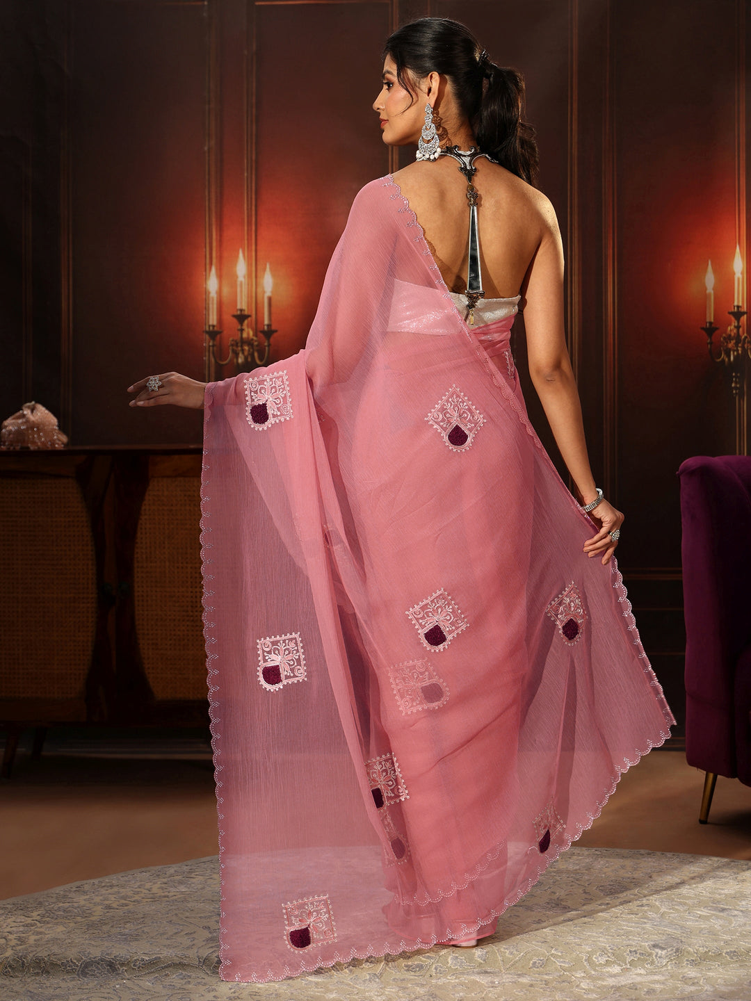  Libas Peach Pink Chiffon Saree with Embroidered  Motifs 