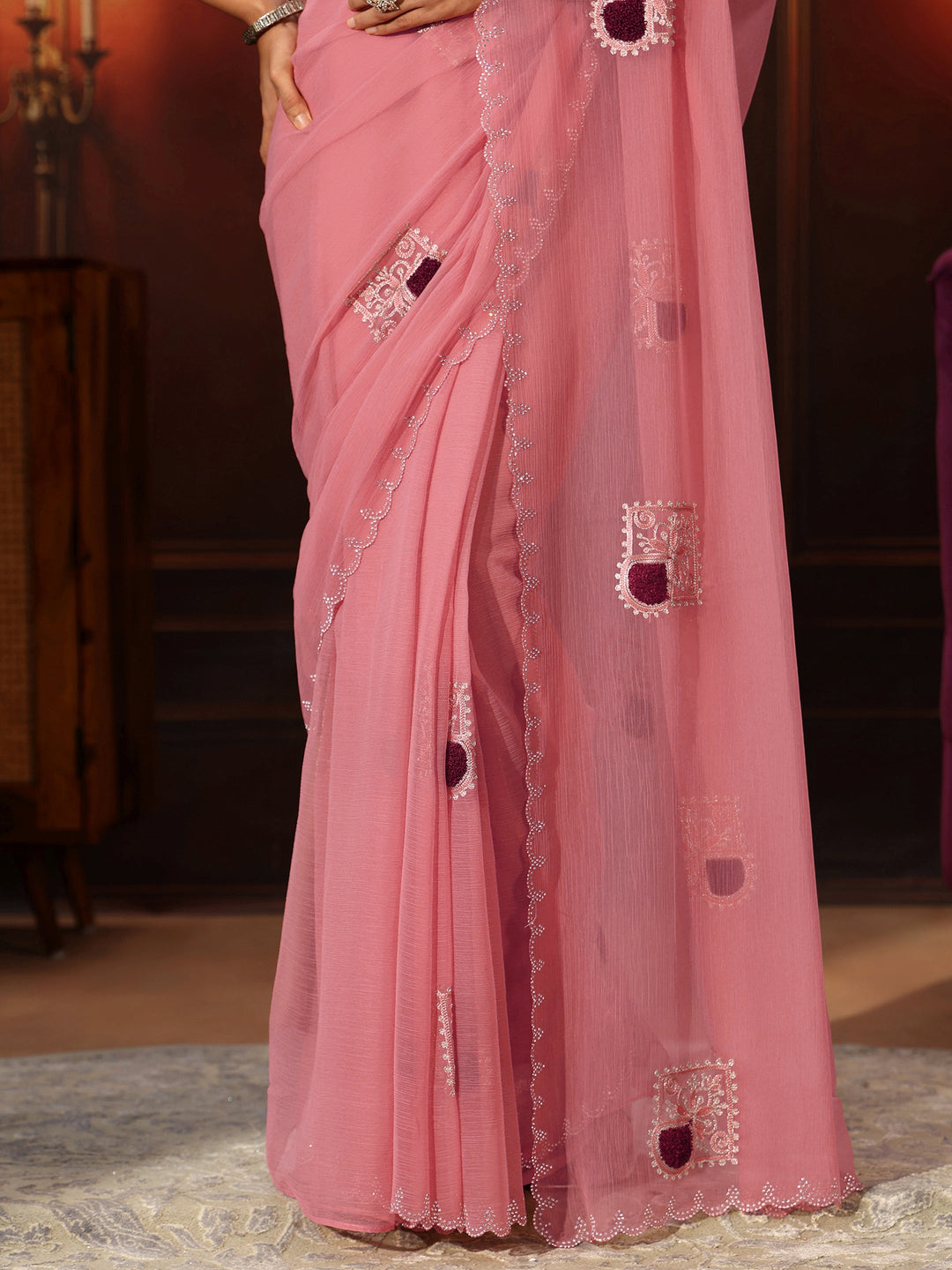  Libas Peach Pink Chiffon Saree with Embroidered  Motifs 