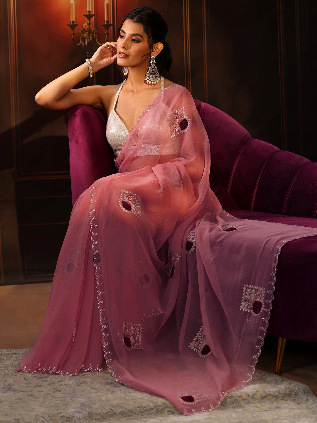  Libas Peach Pink Chiffon Saree with Embroidered  Motifs 