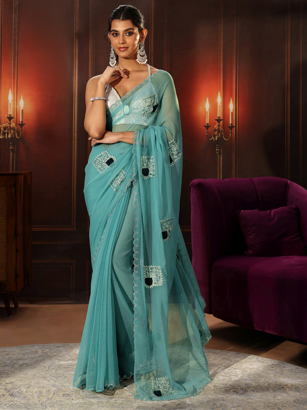  Libas Sky Blue Chiffon Saree with Embroidered  Motifs 