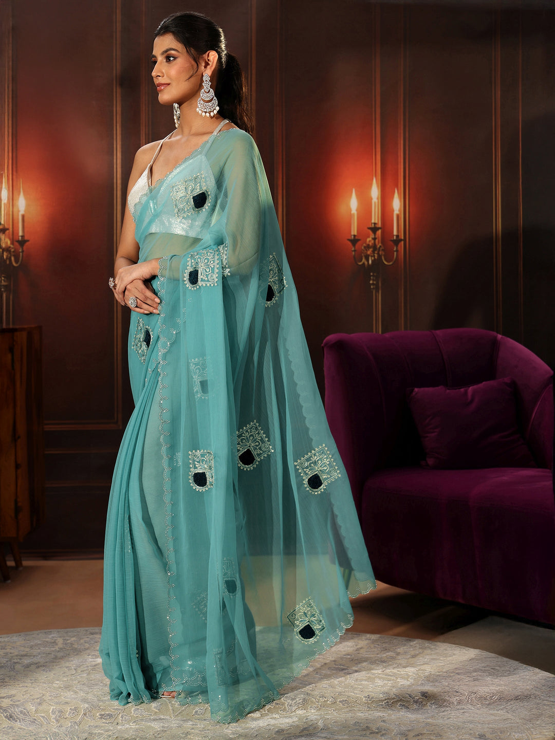  Libas Sky Blue Chiffon Saree with Embroidered  Motifs 