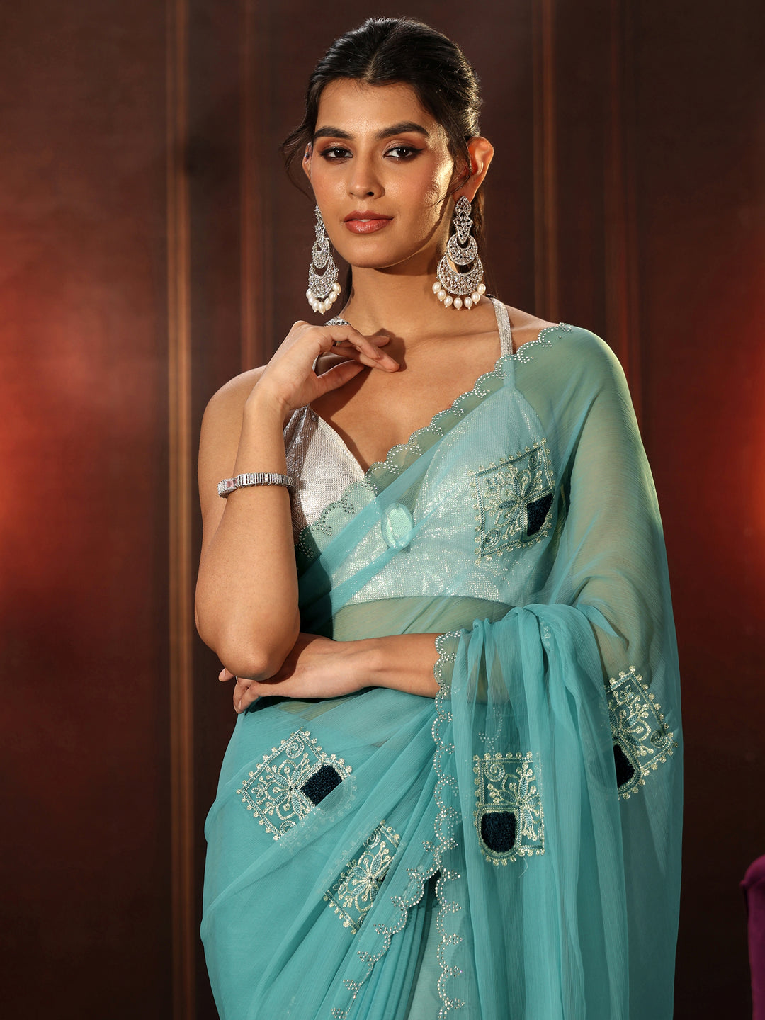  Libas Sky Blue Chiffon Saree with Embroidered  Motifs 