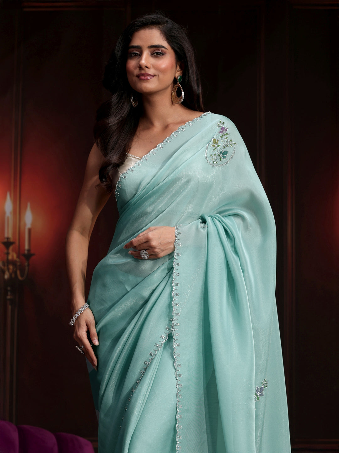  Libas Sky Blue Floral Embellished Tissue Saree 
