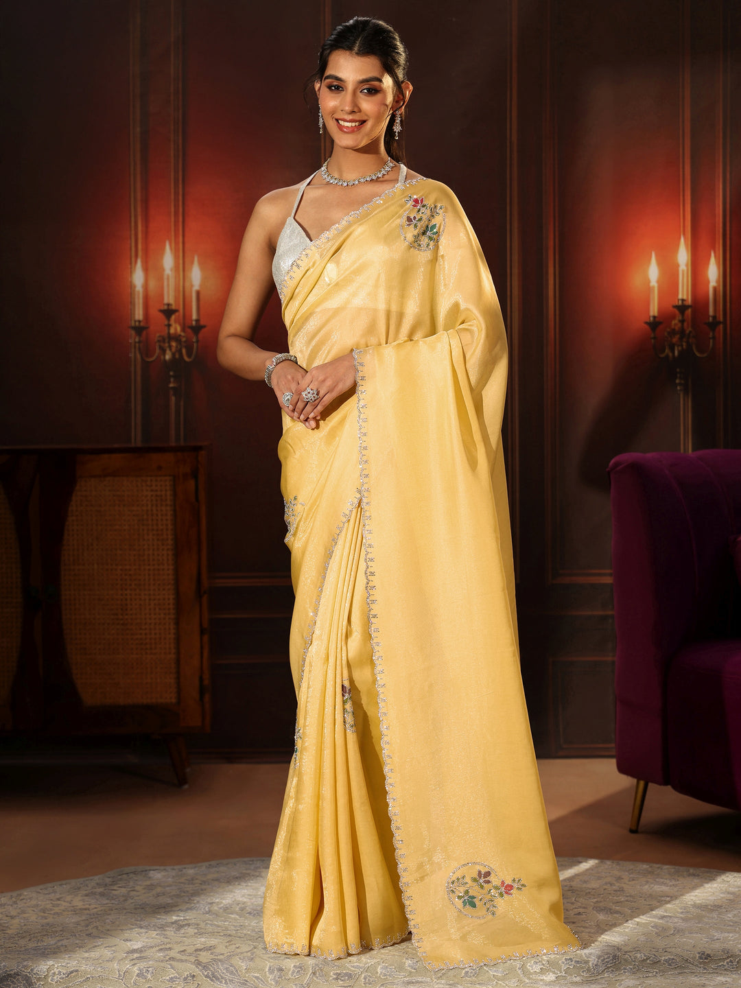  Libas Daffodil Yellow Tissue Saree with Embellished Border 