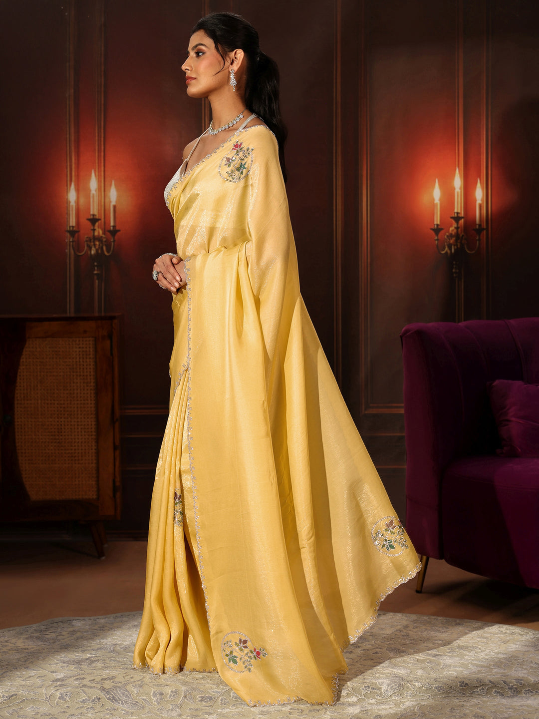  Libas Daffodil Yellow Tissue Saree with Embellished Border 