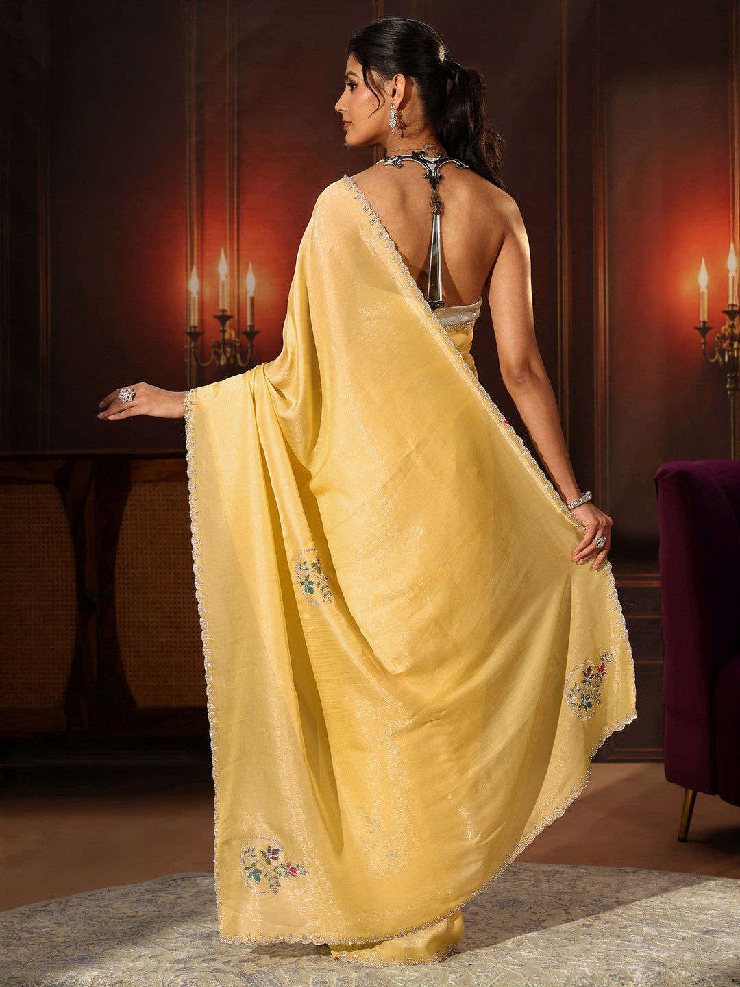  Libas Daffodil Yellow Tissue Saree with Embellished Border 