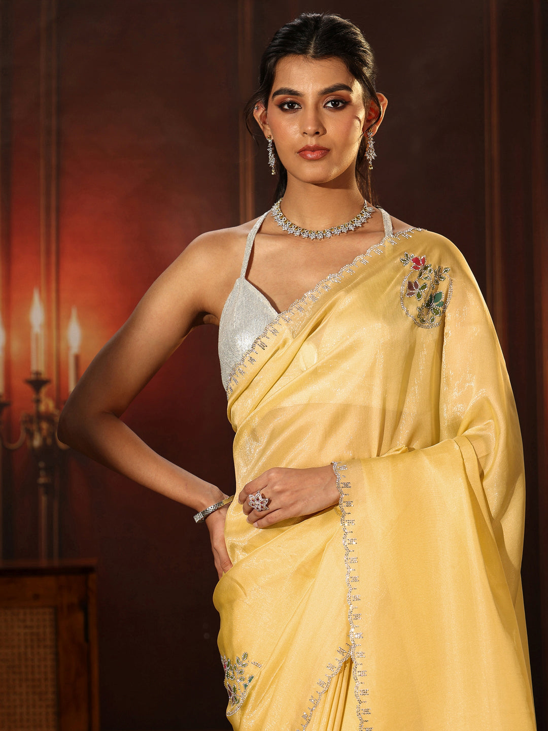  Libas Daffodil Yellow Tissue Saree with Embellished Border 