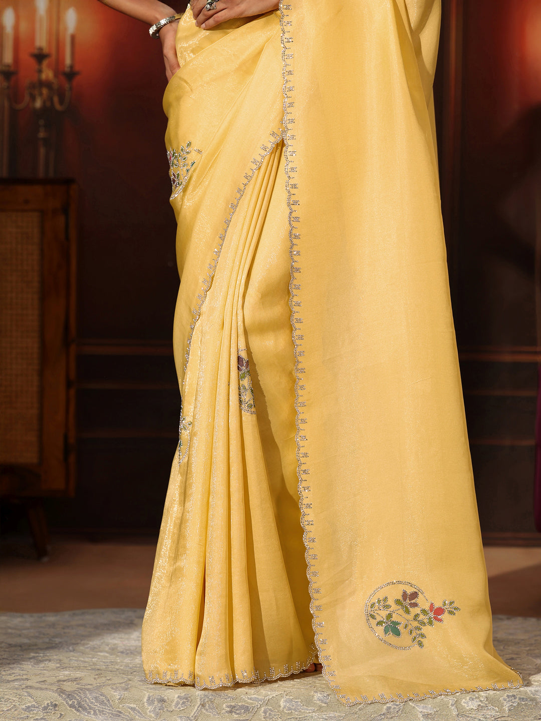  Libas Daffodil Yellow Tissue Saree with Embellished Border 