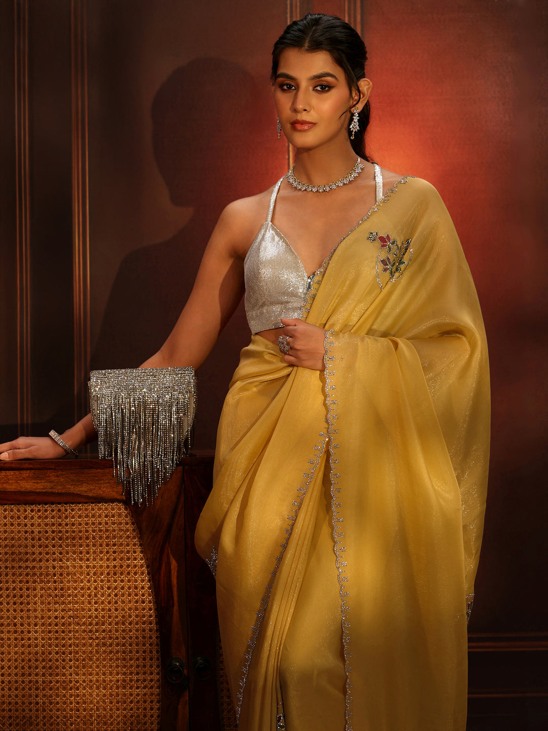 Libas Daffodil Yellow Tissue Saree with Embellished Border
