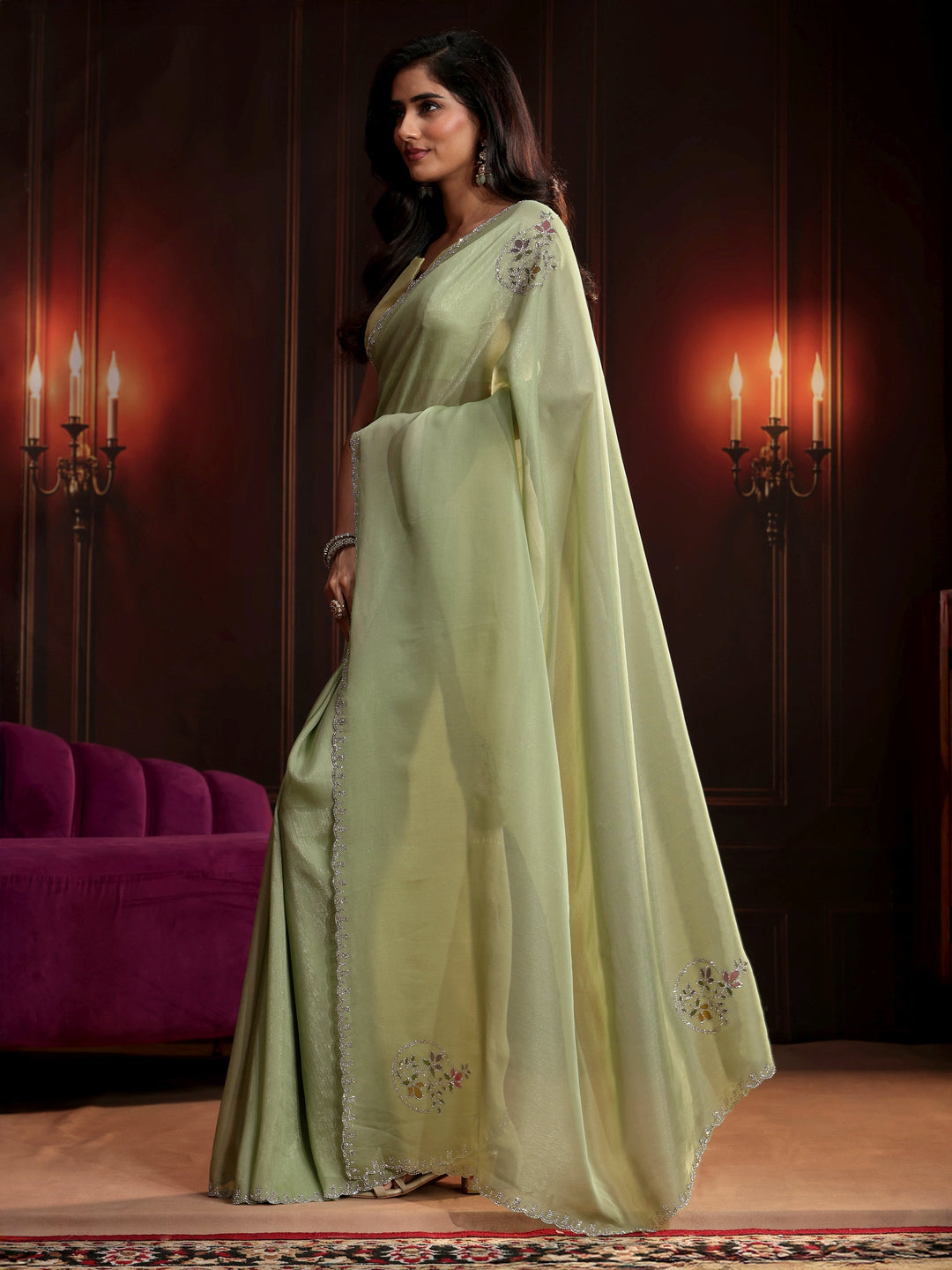  Libas Pista Green Floral Embellished Tissue Saree 