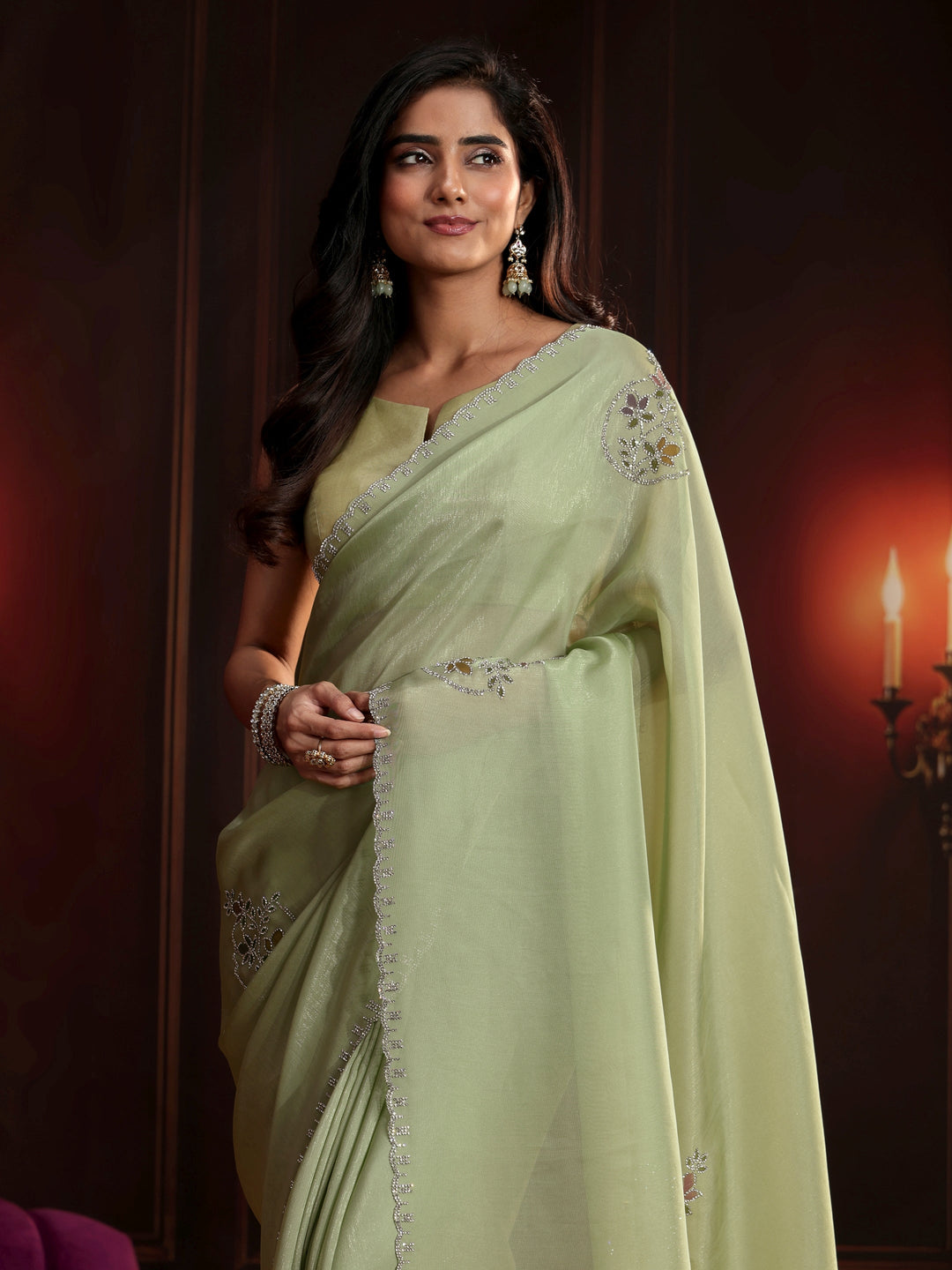  Libas Pista Green Floral Embellished Tissue Saree 