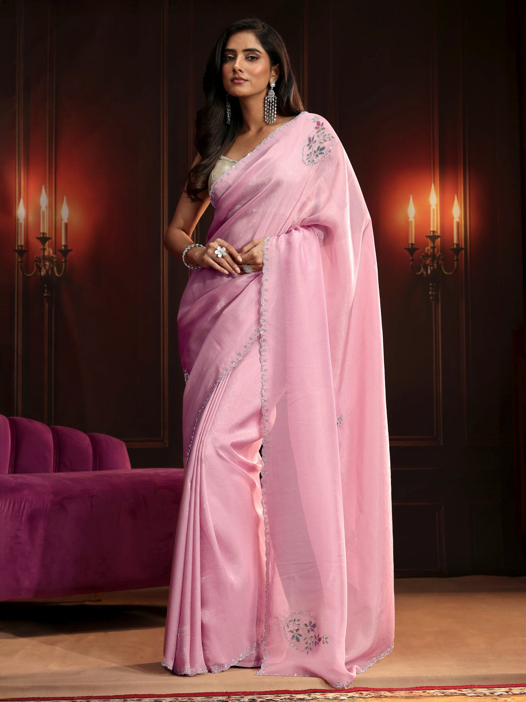  Libas Baby Pink Floral Embellished Tissue Saree 