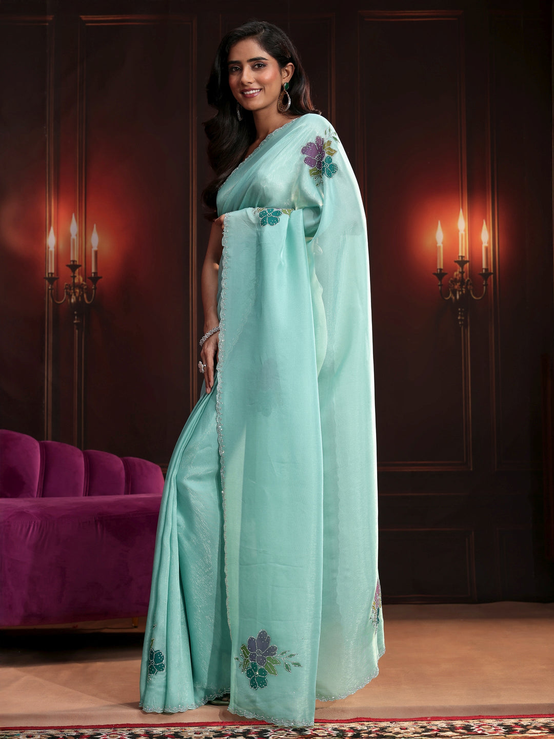  Libas Powder Blue Floral Embellished Tissue Saree 