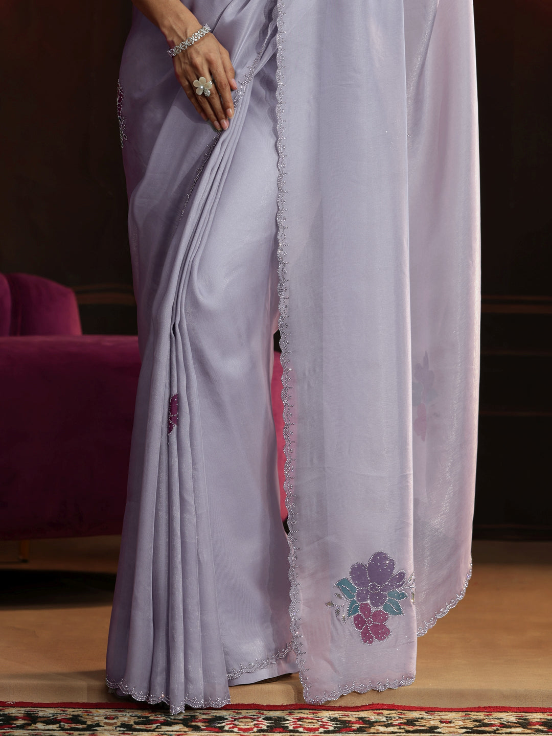  Libas Lavender Floral Embellished Tissue Saree 