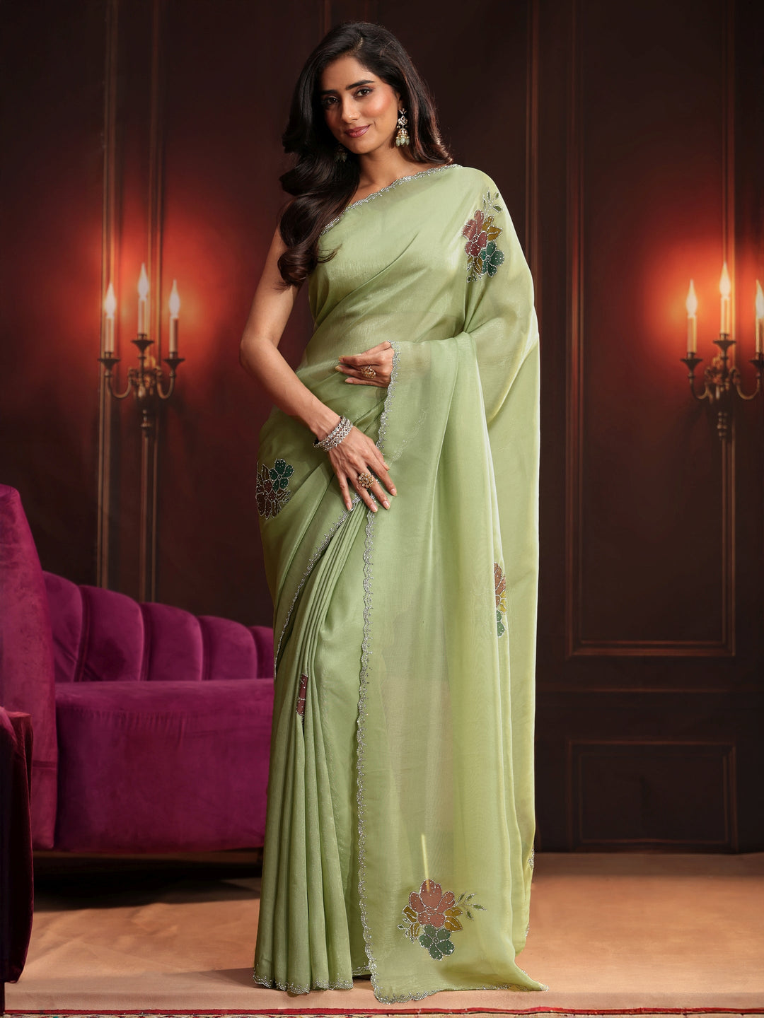  Libas Pista Green Floral Embellished Tissue Saree 