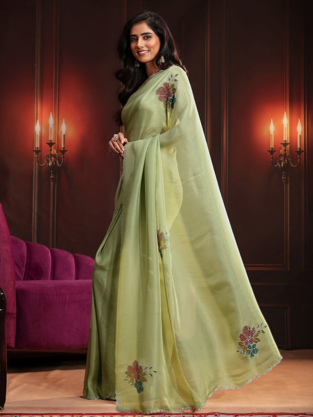  Libas Pista Green Floral Embellished Tissue Saree 