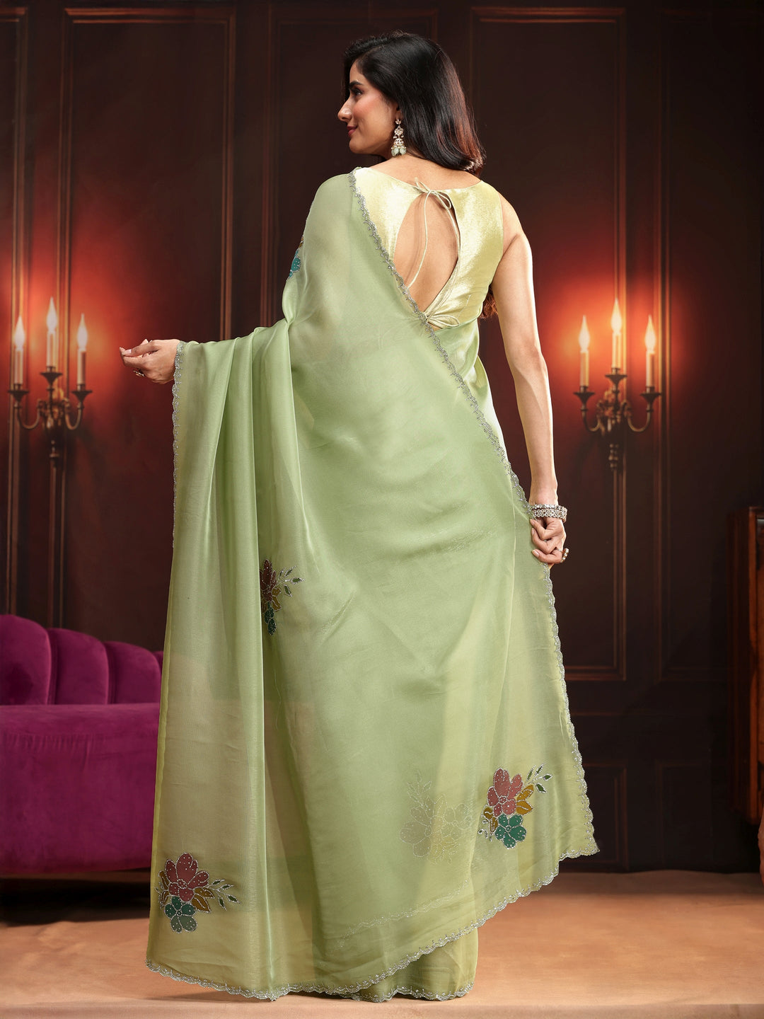  Libas Pista Green Floral Embellished Tissue Saree 
