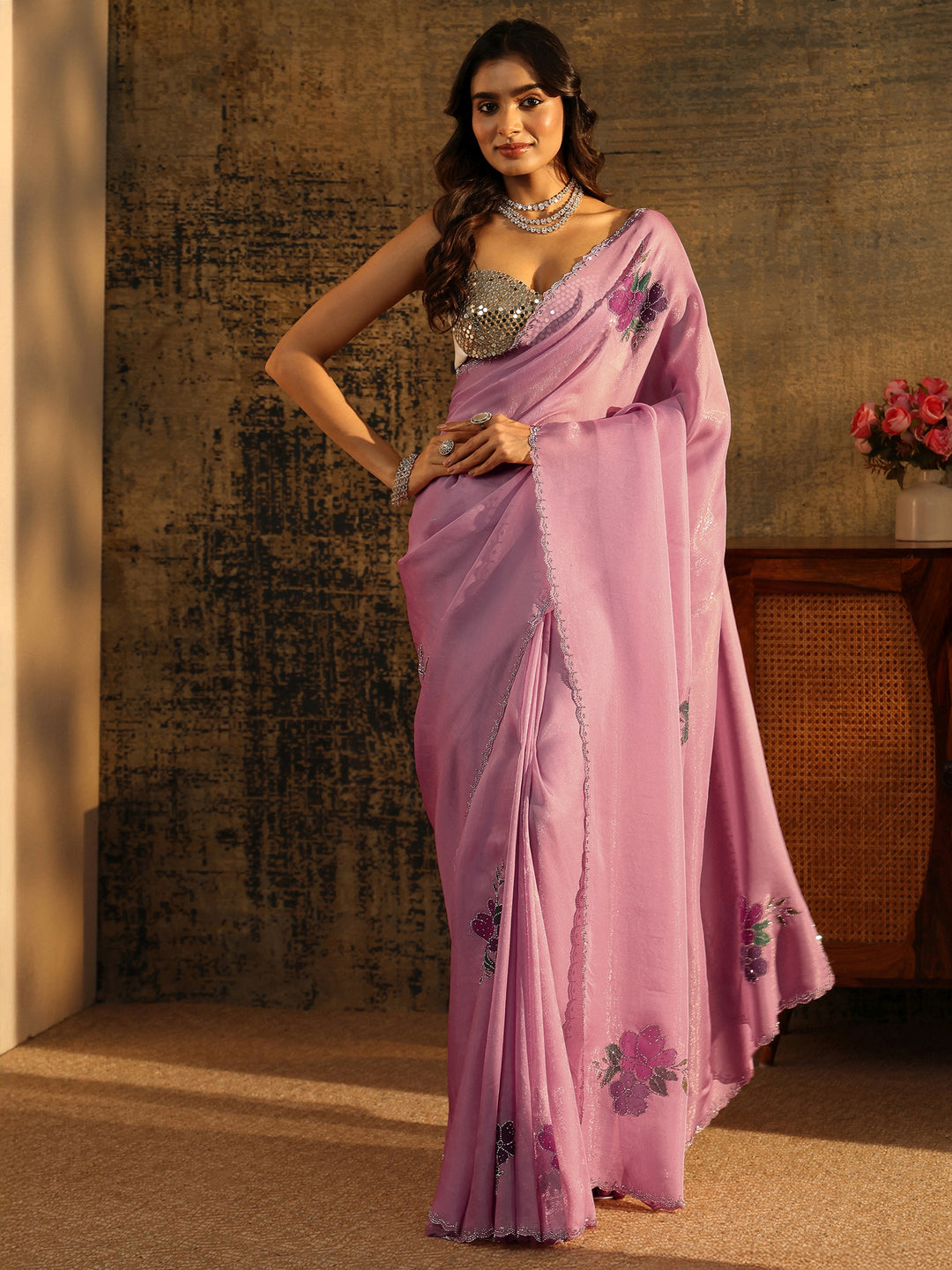  Libas Powder Blue Tissue Saree with Embellished Floral Motifs 