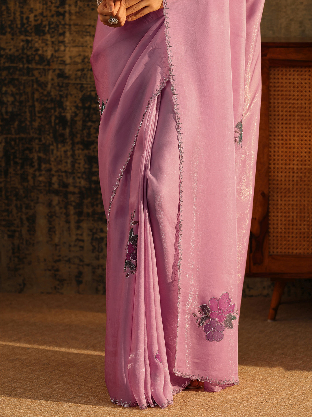  Libas Powder Blue Tissue Saree with Embellished Floral Motifs 