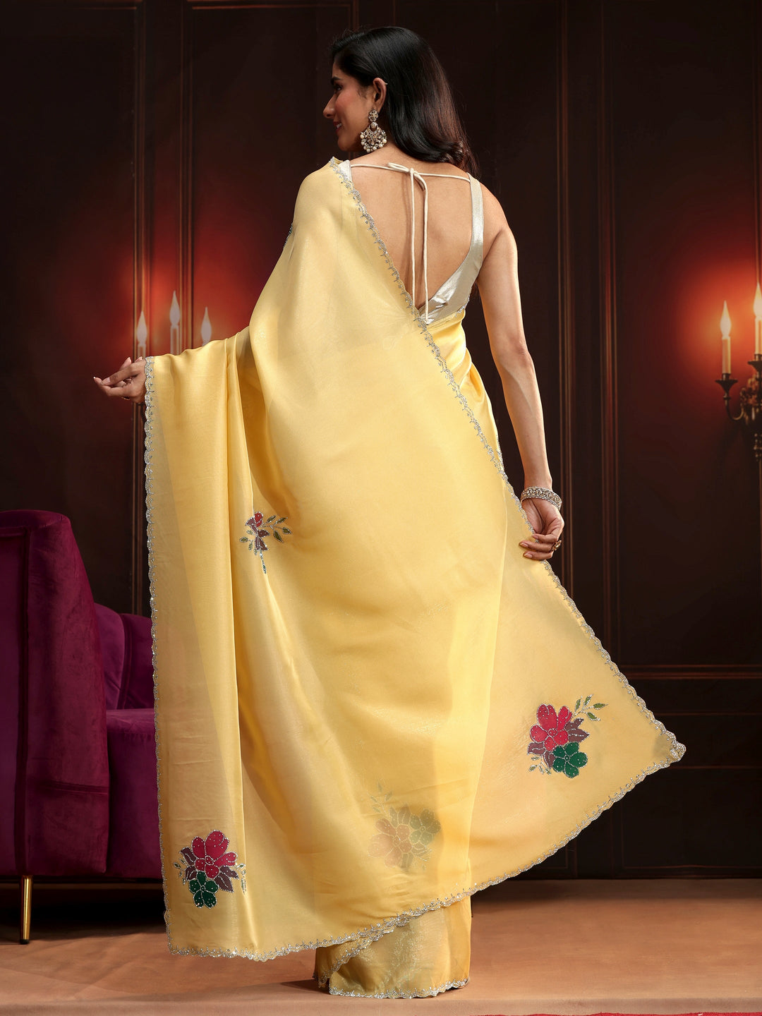  Libas Butter Yellow Floral Embellished Tissue Saree 