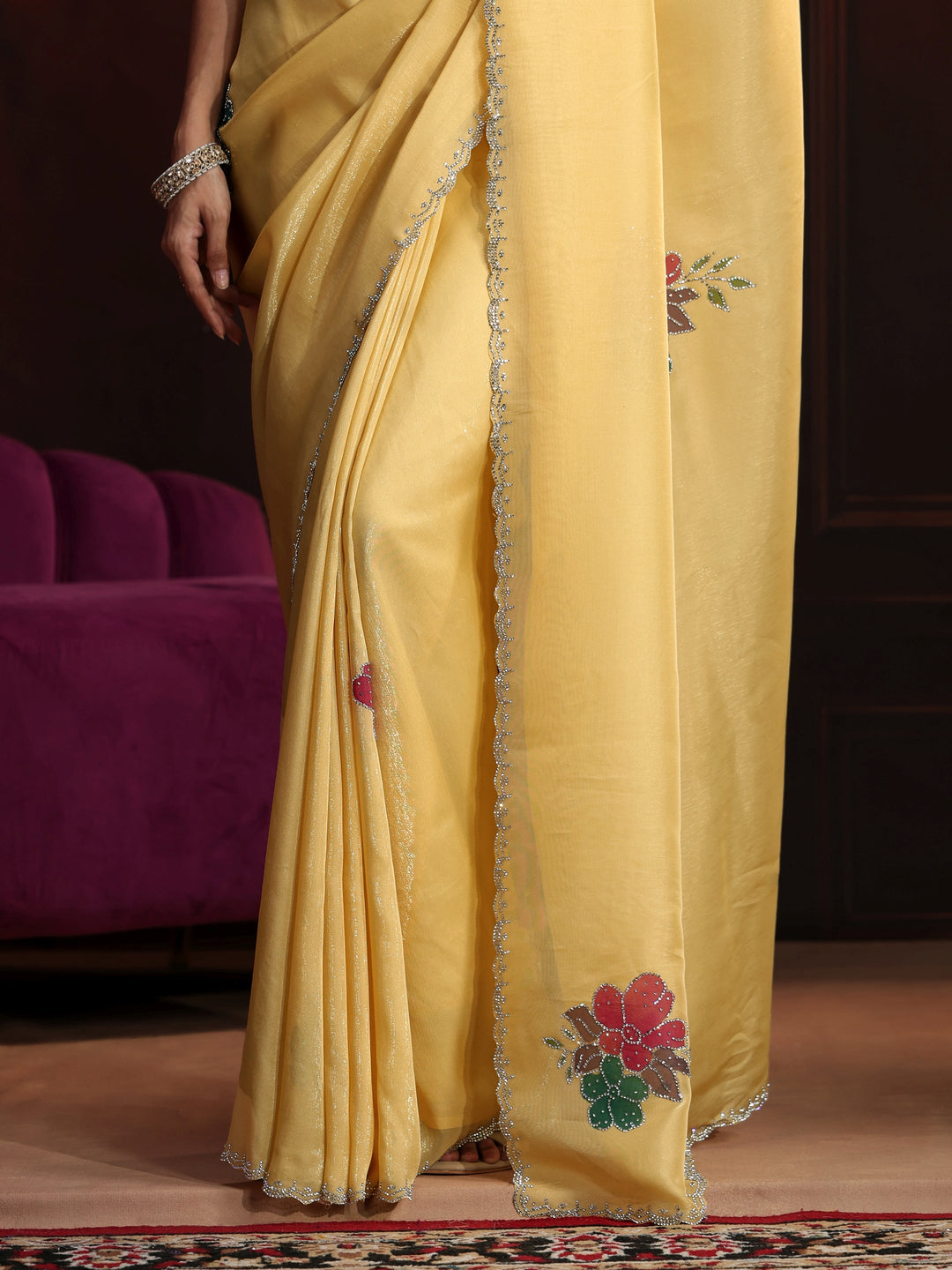  Libas Butter Yellow Floral Embellished Tissue Saree 