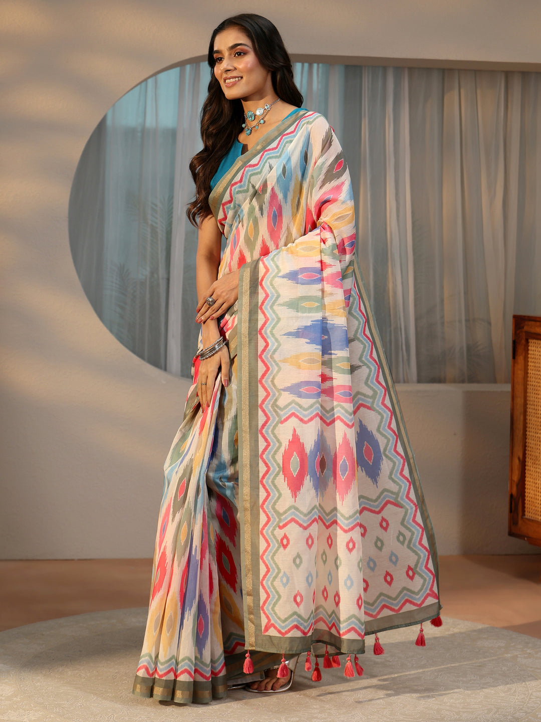  Libas White Ikat Printed Cotton Blend Saree 