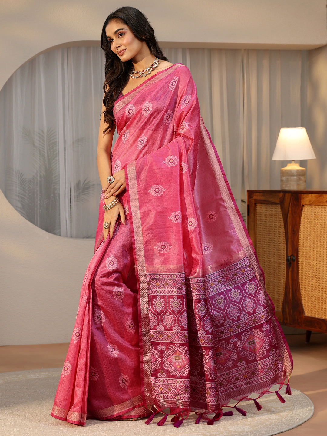 Libas Rani Pink Woven Design Silk Blend Saree 