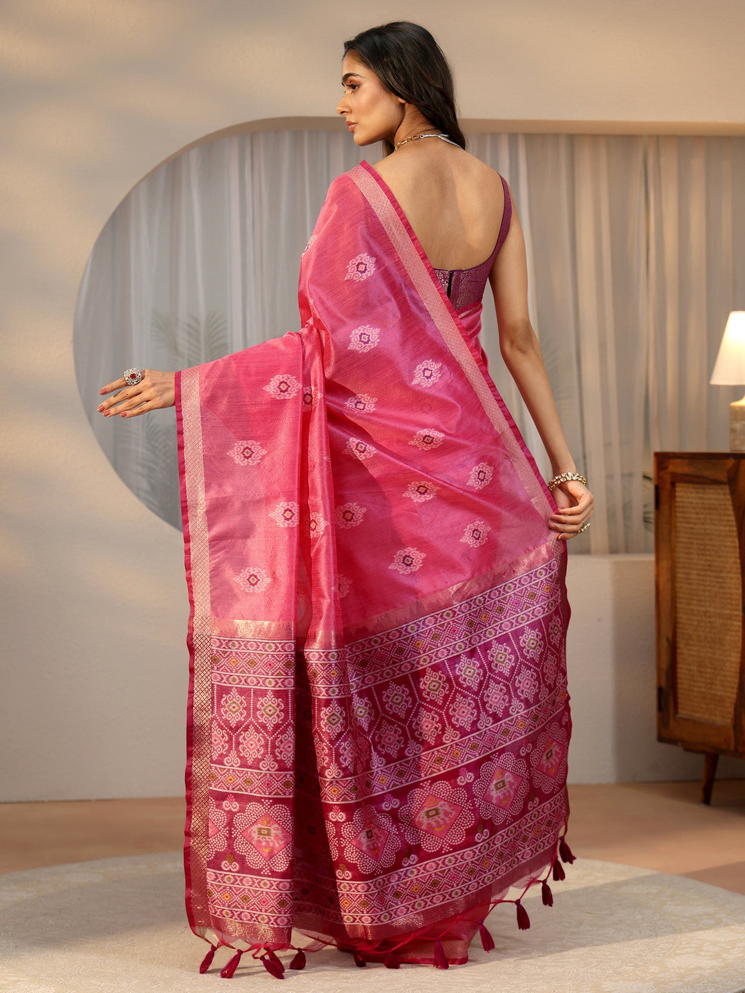  Libas Rani Pink Woven Design Silk Blend Saree 