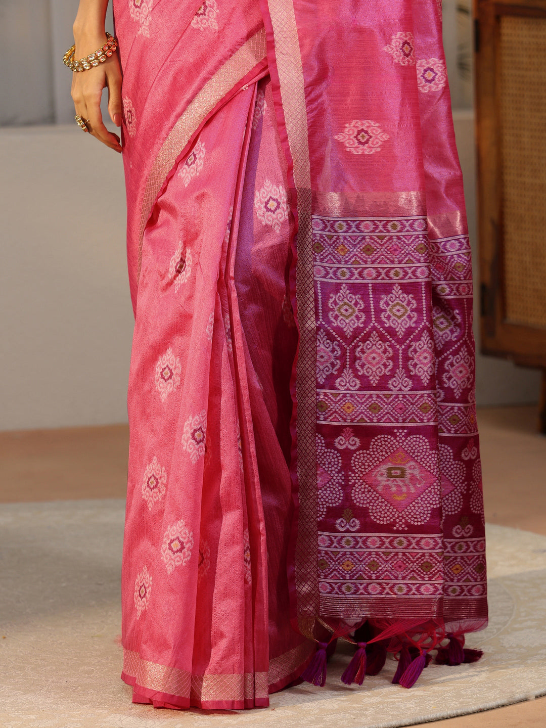  Libas Rani Pink Woven Design Silk Blend Saree 