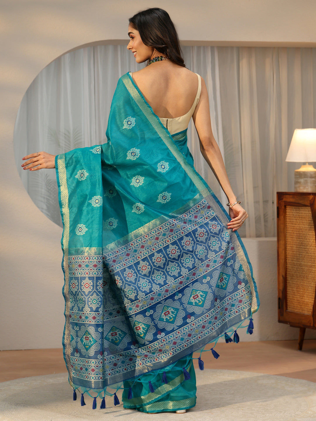  Libas Teal Blue Woven Design Silk Blend Saree 