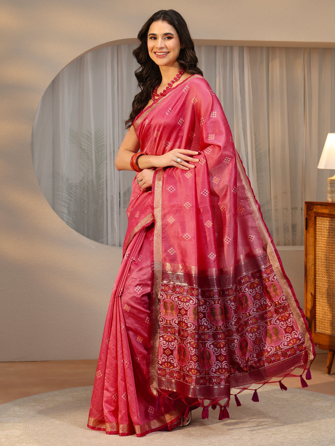  Libas Rose Pink Woven Design Silk Blend Saree 