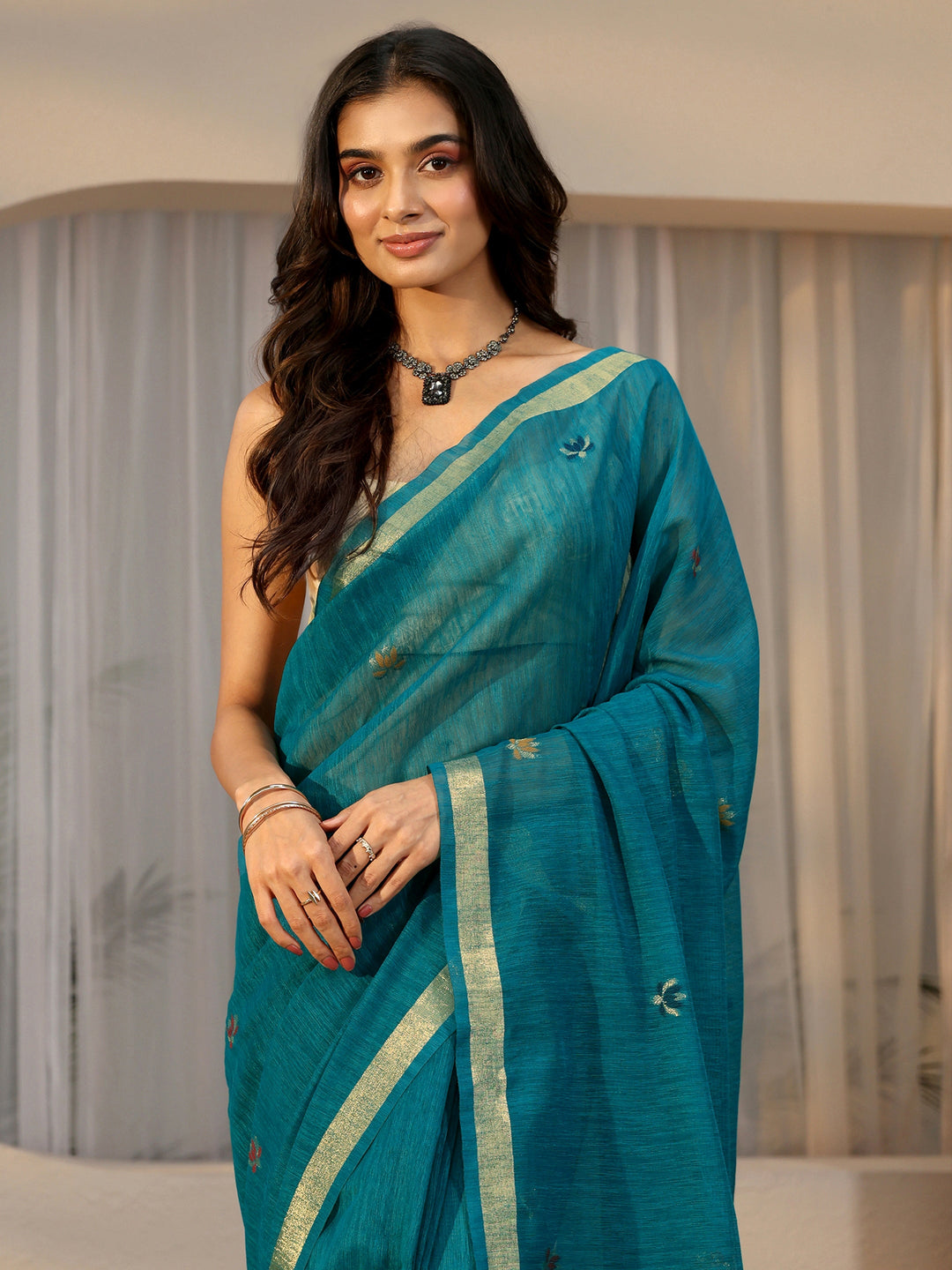  Libas Teal Blue Woven Design Floral Pallu Silk Blend Saree 
