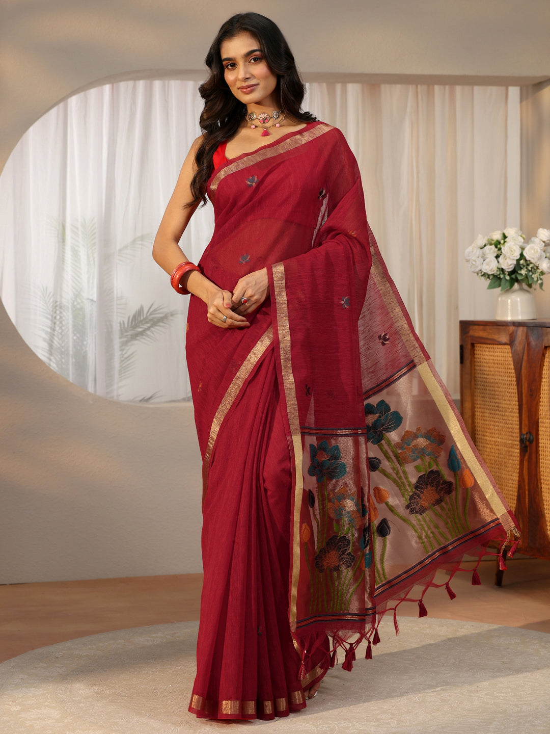  Libas Crimson Red Woven Design Floral Pallu Silk Blend Saree 