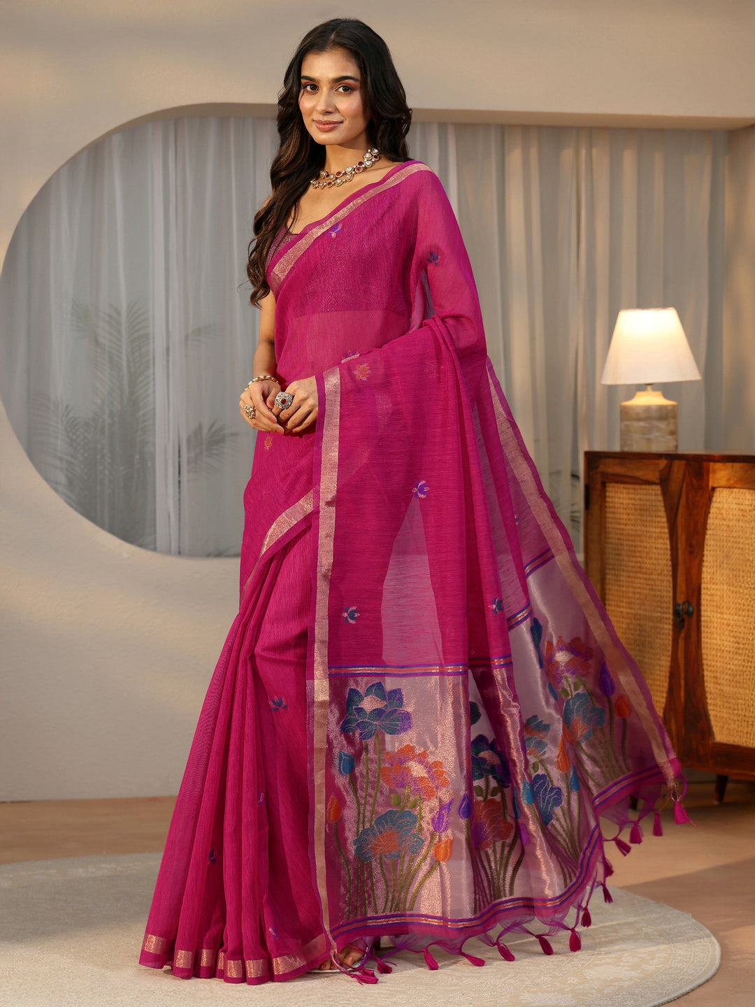  Libas Rani Pink Woven Design Floral Pallu Silk Blend Saree 