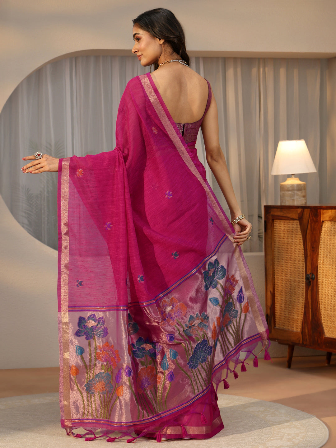  Libas Rani Pink Woven Design Floral Pallu Silk Blend Saree 