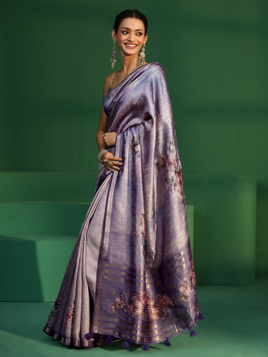  Libas Lavender Floral Print Silk Blend Saree 