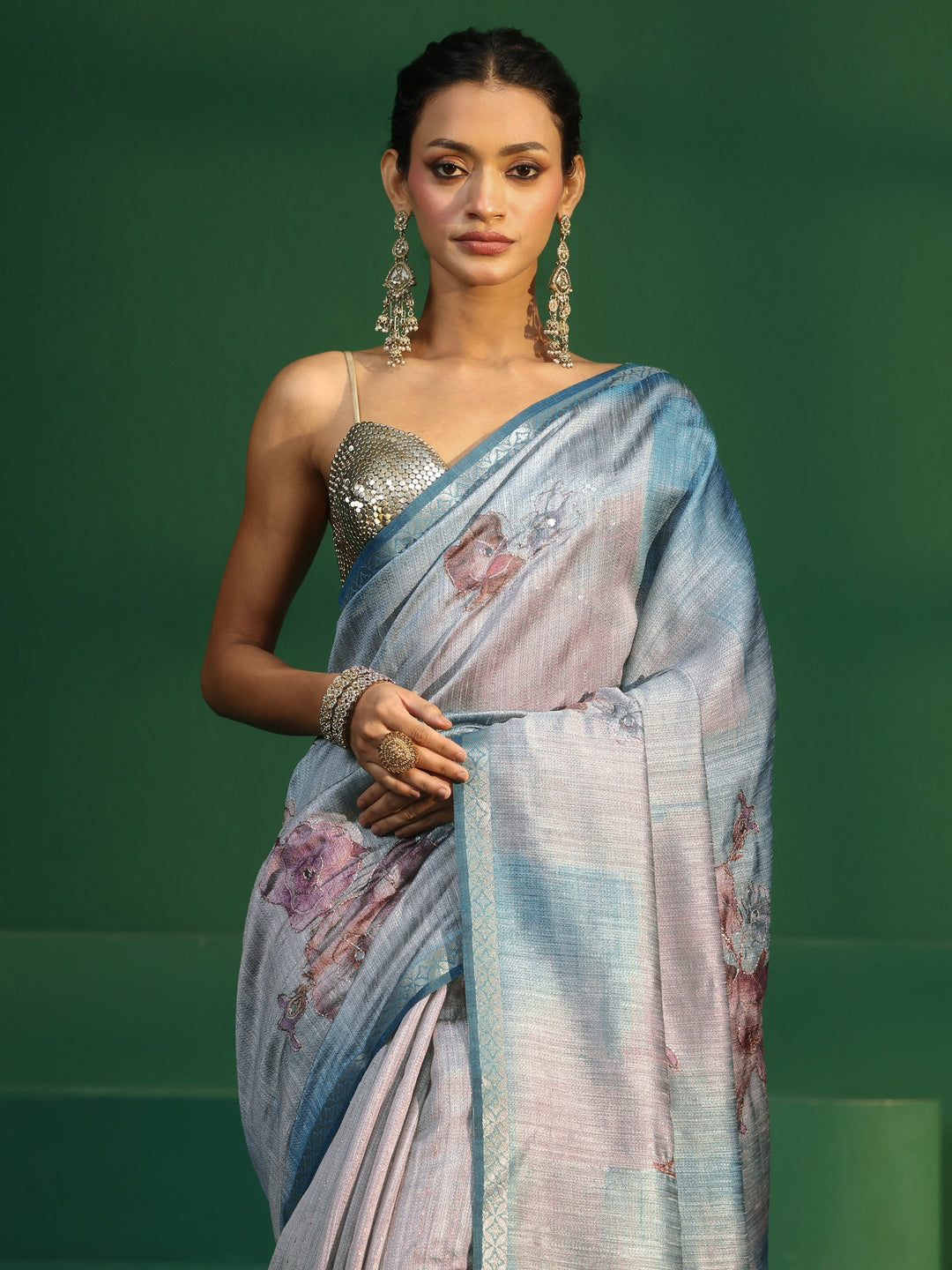  Libas Aqua Blue Floral Print Silk Blend Saree 