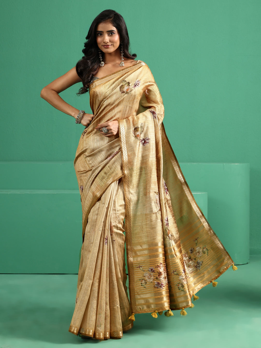  Libas Mustard Floral Print Silk Blend Saree 