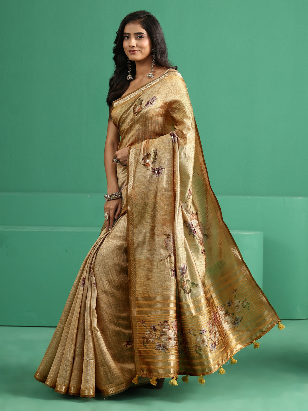  Libas Mustard Floral Print Silk Blend Saree 